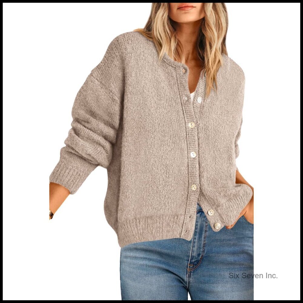 Long Sleeve Chunky Cardigan Open Front Crewneck Lightweight Knit Sweater Women